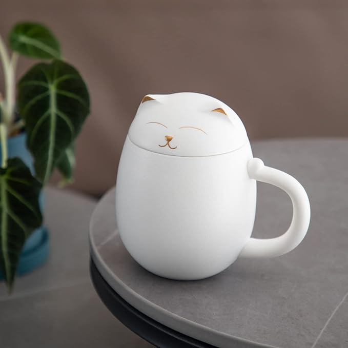 HEER Cat Tea Cup with Infuser and Lid, Cute Tea Mug with Strainer for Steeping Loose Leaf, Ceramic Teacup Birthday Christmas Cat Lover Gifts for Women, Men, Mom, Sisters, besties. (White)
