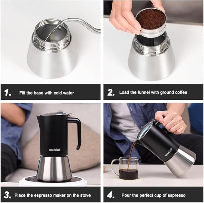 wedrink Stovetop Espresso Maker 4 Espresso Cups Stainless Steel Moka Pot for Greca, Induction, Electric & Gas Stoves(6.5 OZ/200ml)