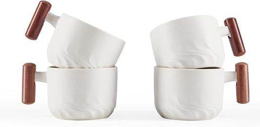 2.5oz Ceramic Espresso Cups with Wooden Handle, Small Coffee Cups Double Shot Espresso Cups Set of 4