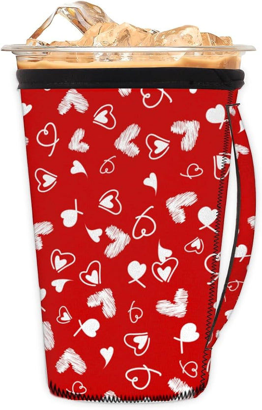 Red White Heart Reusable Coffee Sleeves Iced Coffee Cozy Insulator,Valentine's Day Neoprene Holder with Handle for Cold Coffee or Ice Drink, Large 30-32oz