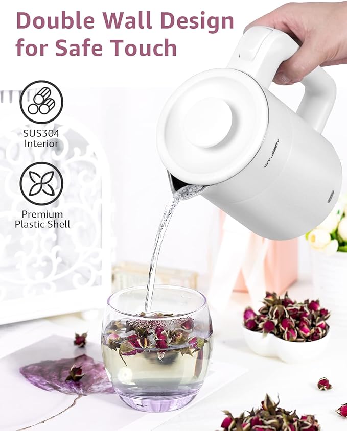 WTJMOV 0.6L Small Electric Tea Kettle Lightweight, 20 Ounce Double Wall Hot Water Boiler Stainless Steel Auto Shut-off, 120V Portable Travel Electric Kettle Fast Boil for Tea and Coffee,White