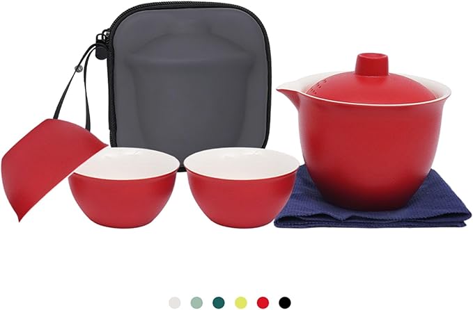 Porcelain Chinese Gongfu Tea Sets for Adults Ceramic japanese Tea Set Portable Kungfu Gaiwan Teapot and Cup Set Small Travel Teaset with Lid for Home Gifting Outdoor and Office (Red)