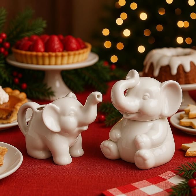 HIC Kitchen Elephant Sugar Bowl And Creamer With Handle, Fine Porcelain, For Serving Sugar, Milk, Cream, Syrup, And Sauces, 3-Piece Set