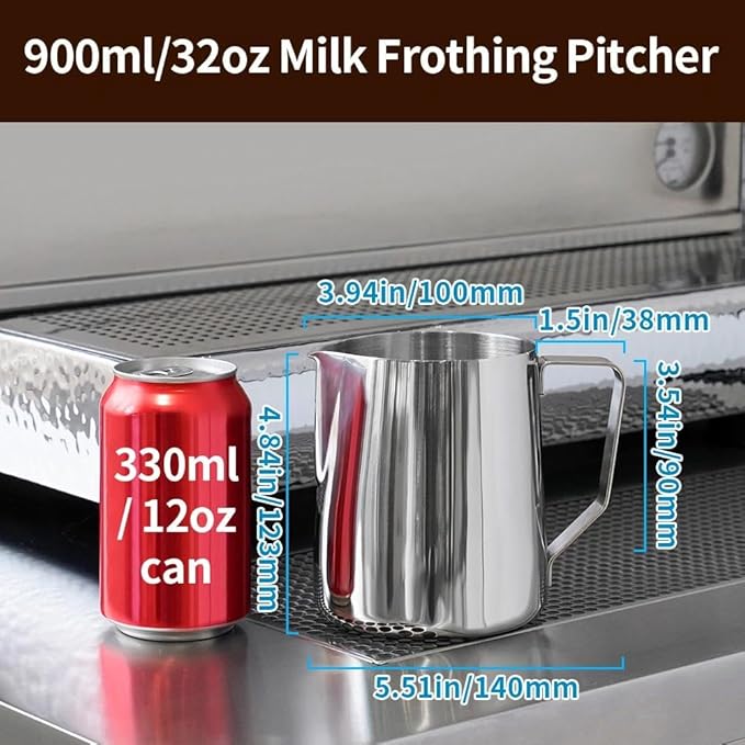 watchget Milk Frothing Pitcher 32oz/900ml - Stainless Steel Frothing Pitcher Espresso Steaming Pitcher Coffee Frother Cup Cappuccino Latte Art Coffee Machine Accessories Milk Jug, Silver