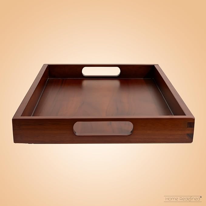 Acacia Wood Serving Tray with Handles, 17.5x12 – Decorative Serving Trays Platter for Breakfast in Bed, Lunch, Dinner, Appetizers, Patio, Ottoman, Coffee Table, BBQ, Party –Great for Lap & Couch