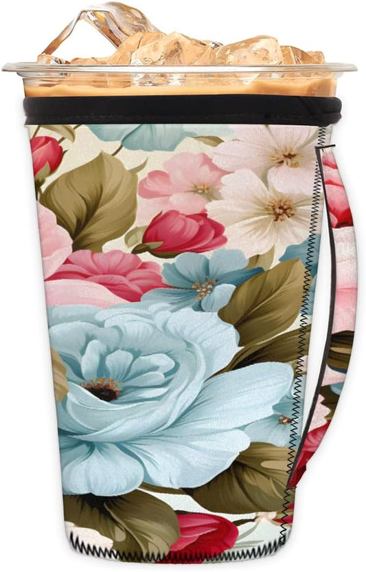 Reusable Iced Coffee Cup Sleeve Peony Neoprene Insulated Sleeves Cup Holder with handle Idea for 24oz - 28oz