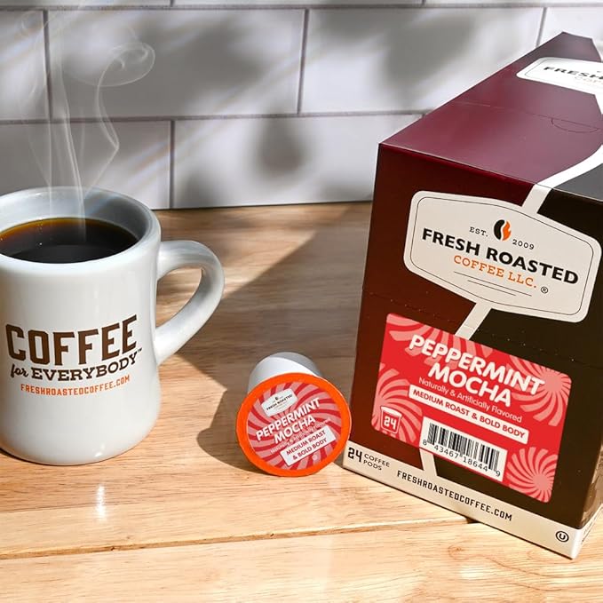 Fresh Roasted Coffee, Peppermint Mocha, Flavored Coffee Pods, K-Cup Compatible, 24 Count