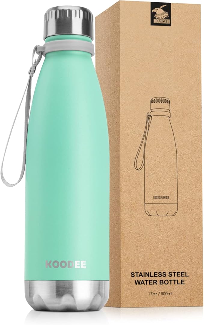 koodee Insulated Water Bottle, 17 oz Stainless Steel Double Wall Vacuum Flask Cola Shape Leak Proof Sports Water Bottle (Aquamarine Blue)