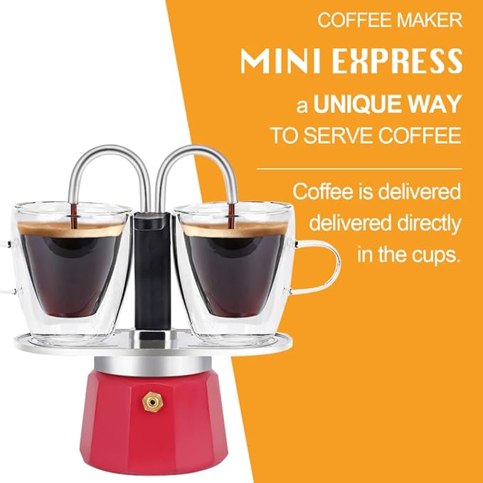 MVPLUE-Mini Express Double Tube Moka Pot Aluminum Viva Magenta,Share fresh delicious coffee with a friend