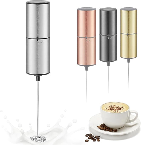Battery Operated Coffee Frother by ELMWAY, Stainless Steel Electric Whisk, Mini Milk Frother Handled for Coffee, Latte, Matcha and Protein Powder (Silver without Stand)