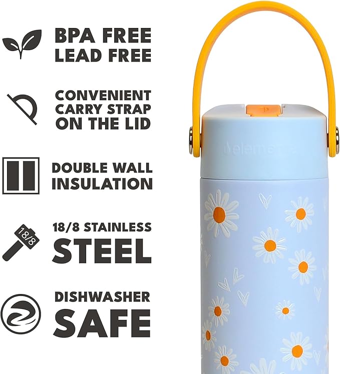 Elemental 24oz Insulated Water Bottle with Straw - 100% Leak-Proof Stainless Steel Core Water Bottles for Travel, Sports and Gym - Double Wall Insulation & BPA Free - Daisy Daydream