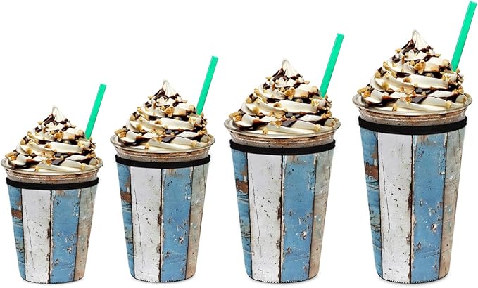 Rustic Beach Wooden Iced Coffee Sleeve for Cold Drink Cups, Reusable Neoprene Insulated Drink Sleeves Cup Cover for Beverages, Fits 22-24 oz
