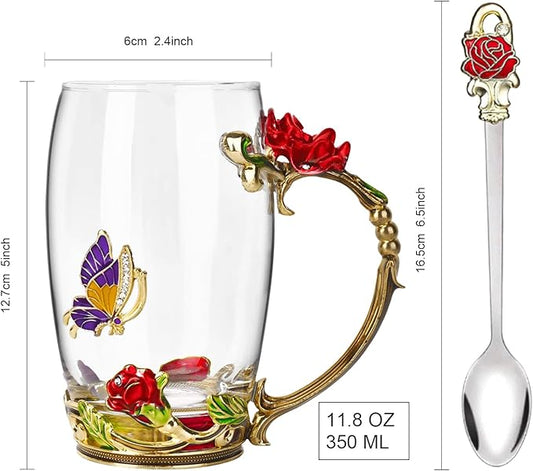 Flower Tea Cup ,Butterfly Rose Clear Glass Fancy Coffee Mug with Spoon,Gift Box for Her Mom Wife Grandma Girls Friends Valentines Christmas Birthday Present Idea for Juice,Hot And Cold Drinks Use