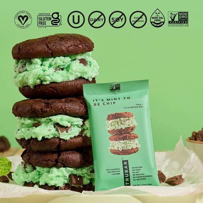 TRUBAR Vegan Protein Bars - Soy Free, Dairy Free, Gluten Free Protein Bars - No Sugar Alcohols - Non-GMO - 12g of Protein - It's Mint To Be Chip - 12 Count