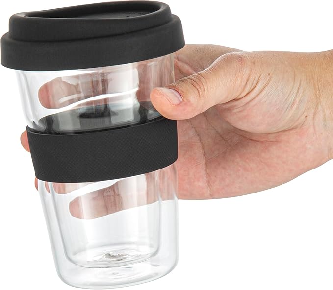 Restaurantware Glass Travel Mug 1 Count 14 Ounce Double Wall Borosilicate Reusable Coffee Cup, Spill-Resistant Black Silicone Lid, Clear Drinkware Mug for Hot and Cold Beverages