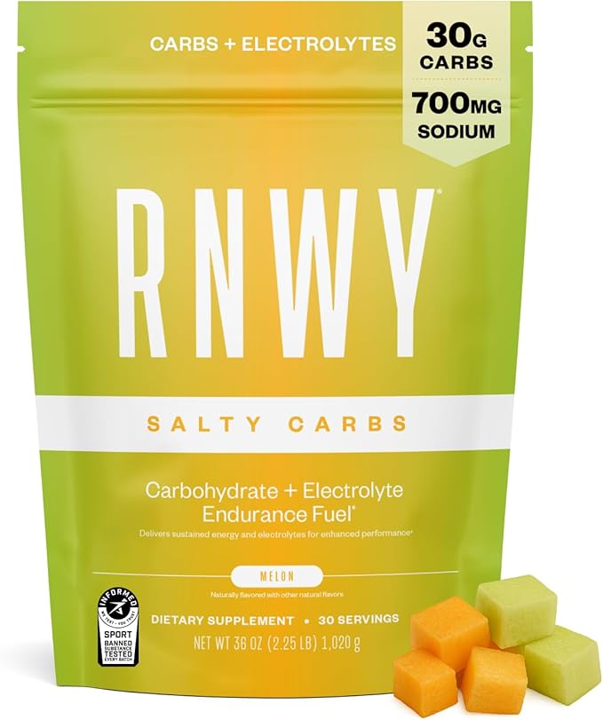 Salty Carbs Electrolyte Drink Mix 30g Dual-Action Carbs + 700mg Sodium, Endurance Fuel for Runs, Rides and Races, Gluten-Free, Dairy-Free, Non-GMO (30 Servings, Melon)