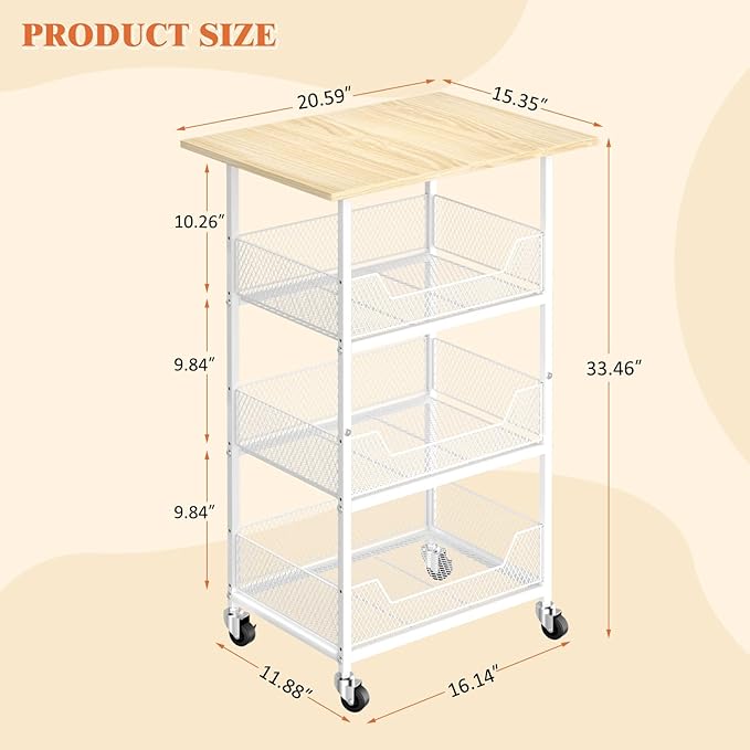 Kitchen Microwave Cart with Fruit Baskets, 4 Tier Microwave Table Stand with Storage, Kitchen Storge Shelf on Wheels Small Rolling Cart Organizer Rack for Pantry, Living Room, Bathroom