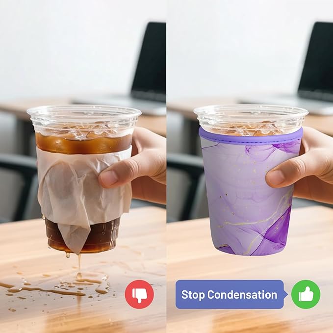 Iced Coffee Sleeve Reusable Cup Sleeves for Cold Drinks Neoprene Koozie Cozy Plastic Cup Covers for Drinks, Purple Marble