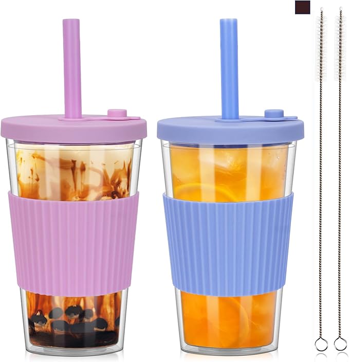 2 Pack Reusable Boba Cups, 17oz Iced Coffee With Straw and Lid, Leakproof Clear Plastic Tumbler, Double Wall Insulated Smoothie Cup, Pastel Violet and Cornflower Blue