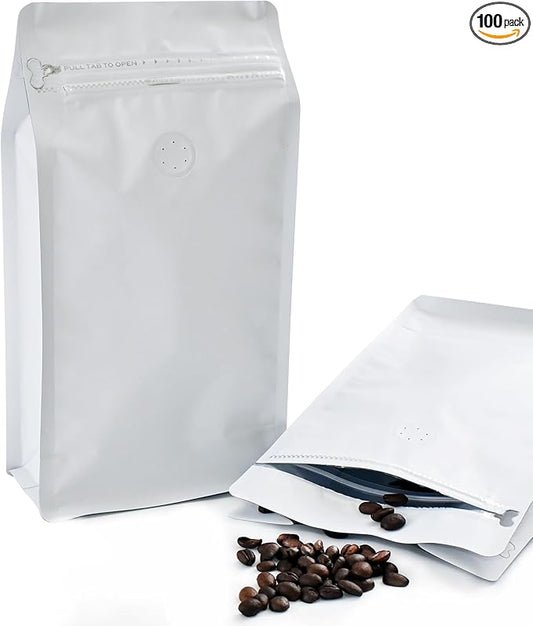 12mil Stand Up Coffee Bags, Flat Bottom Pouch with one-way Air Release Valve and Reusable Side Zipper(White, 100PCS-Large-2.2lb/32oz/1kg)