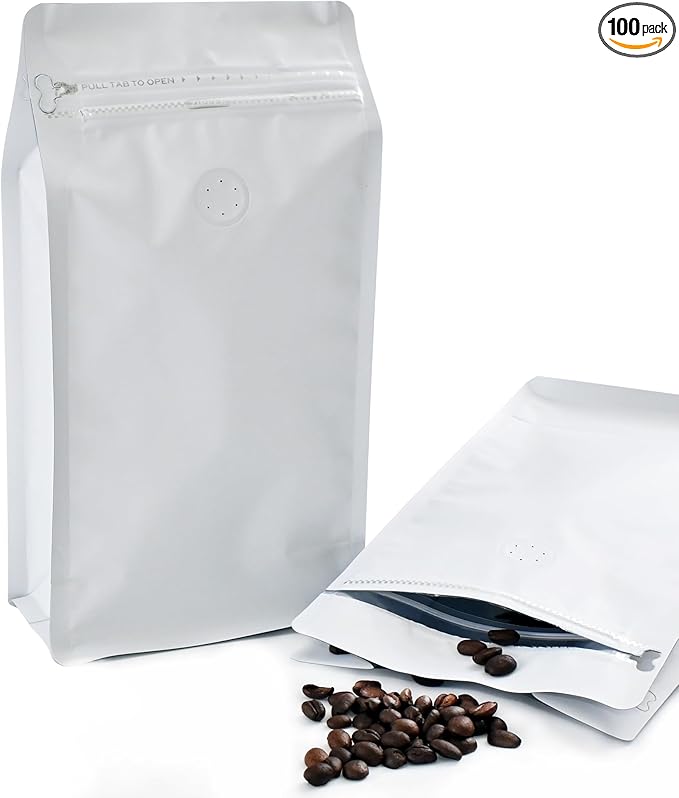 12mil Stand Up Coffee Bags, Flat Bottom Pouch with one-way Air Release Valve and Reusable Side Zipper(White, 100PCS-Small-0.5lb/8oz/250g)