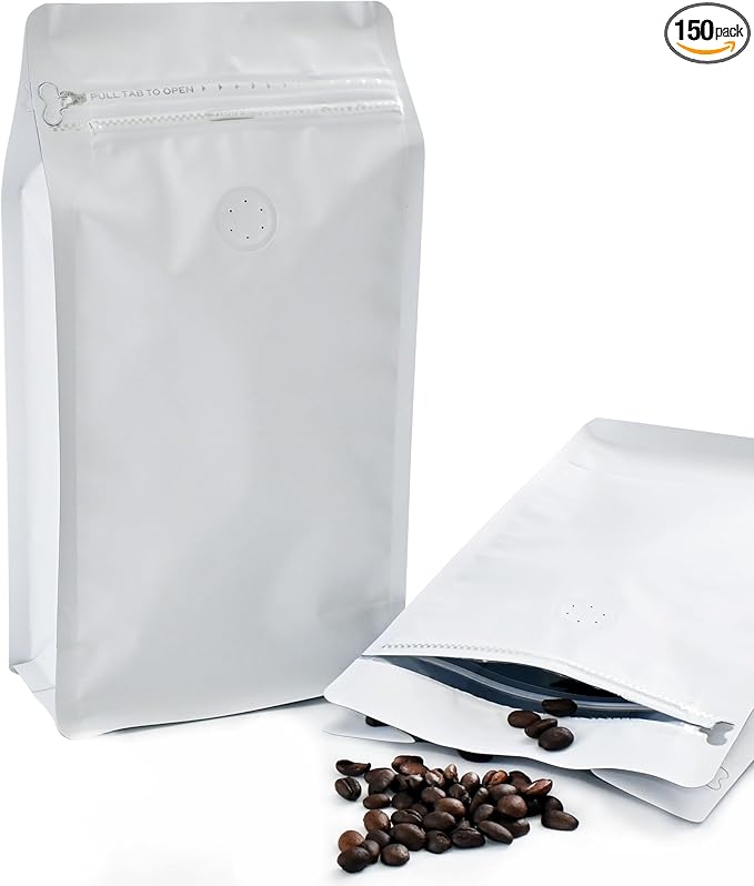 12mil Stand Up Coffee Bags, Flat Bottom Pouch with one-way Air Release Valve and Reusable Side Zipper(White, 150PCS-Large-2.2lb/32oz/1kg)