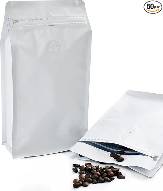 12mil Stand Up Coffee Bags, Flat Bottom Pouch with one-way Air Release Valve and Reusable Side Zipper(White, 50PCS-Small-0.5lb/8oz/250g)