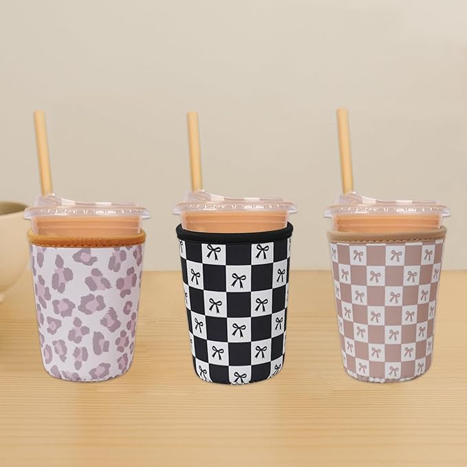 Reusable Insulated Neoprene Iced Coffee Cup Sleeve, Durable Drink Sleeve for Cold Beverages, Beverage Holder for Iced Coffee, Caramel Checkered Bows