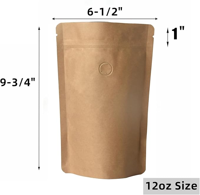 100 Pack Kraft Coffee Bags with Zipper Lock, High Barrier Resealable Stand Up Coffee Pouches, Degassing Valve for Coffee, Size for 12oz/340 Grams Beans or Grounded