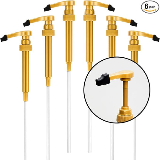 Kigley 6 Pieces Coffee Syrup Pump Dispenser with Tip Cover Fits 750ml/25.4oz Bottles, Skinny Syrup Pump for Coffee Flavoring, Creamers, Caramel, Beverages, Dinning Cafe Bar Drinking Mixes(Gold)