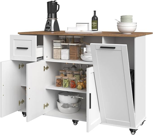 Rolling Kitchen Island Cart on Wheels,59" Mobile Island Carts with Folding Drop Leaf & 2 Storage Cabinet,Portable Prep Table with Drawer & Trash Storage Cabinet for Kitchen,White