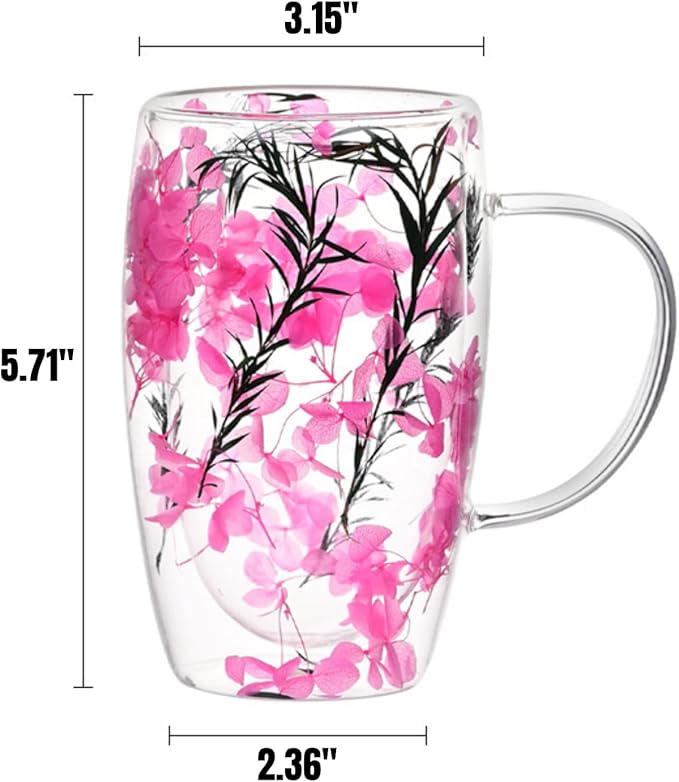 15.22oz, Double Wall Borosilicate Glass Coffee Mug with Heat-Resistant Handle, Insulated Flower Tea Cup, Multi-Color Options (pink,15.22oz)