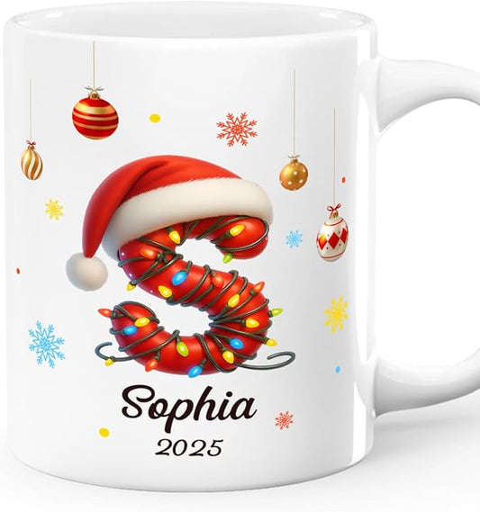 Joymade Personalized Ceramic Coffee Mug, Funny Custom Mug for Bestie, Friends, Couple, Coworker, Snowman Lovers (Christmas Initial Name Letter For Family And Friends)