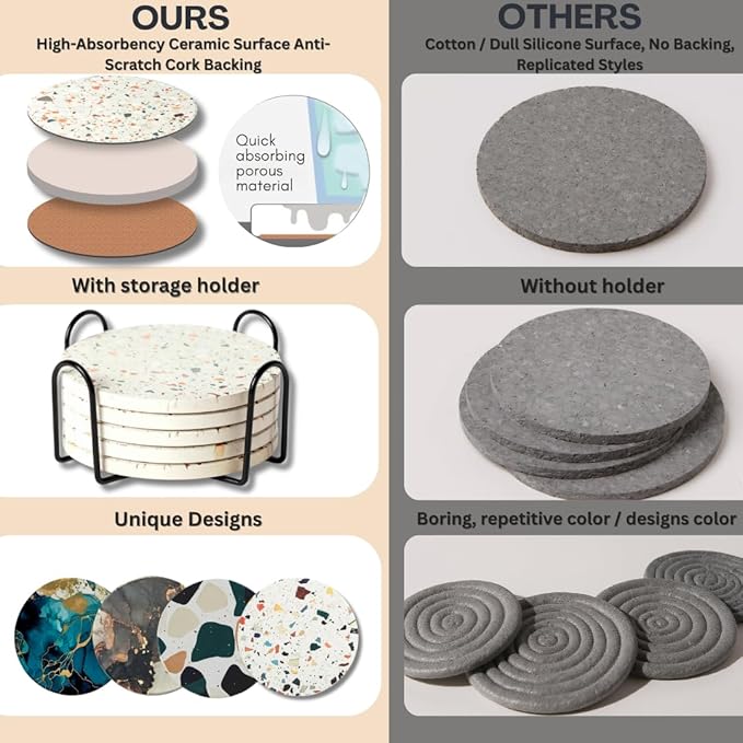 Absorbent Coaster Set of 6 with Holder, Drink Coasters for Coffee Table, Kitchen, Home Decor, Cute Ceramic Round Coasters, Alternative to Silicone, Cork or Glass Coaster (Granite with Black Holder)