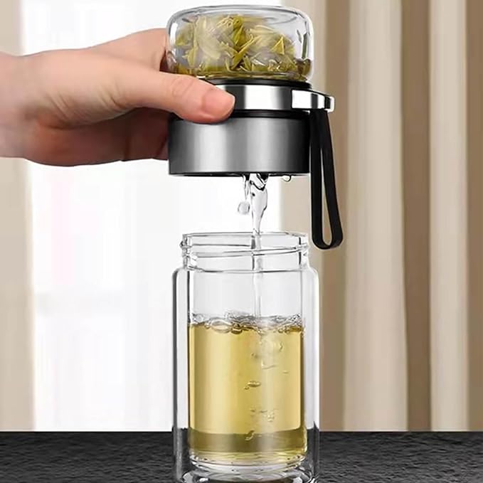 Tea Infuser Bottle, Glass Tea Infuser Bottle Double Wall Portable Tumbler Mug Travel Tumbler Mug Men (Steel Color)