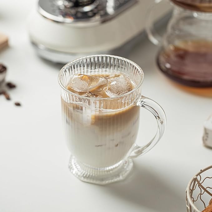 Glass Coffee Mugs Set of 4, Ribbed Large Coffee Mug 16 Oz With Handles for Hot Beverages, Clear Mugs for Tea, Cappuccino, Latte, Espresso Coffee, Glass Coffee Cups Large Coffee Mug, for Hot Beverages