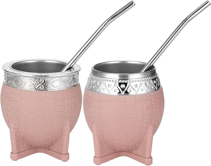 2PCS Yerba Mate Cup, 6 oz Stainless teel Mate Cup with Straw, Double Wall Vacuum Insulated Yerba Mate Gourd for Traditional Mate Tea Drinking (Light Brown)