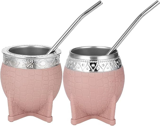 2PCS Yerba Mate Cup, 6 oz Stainless teel Mate Cup with Straw, Double Wall Vacuum Insulated Yerba Mate Gourd for Traditional Mate Tea Drinking (Light Brown)
