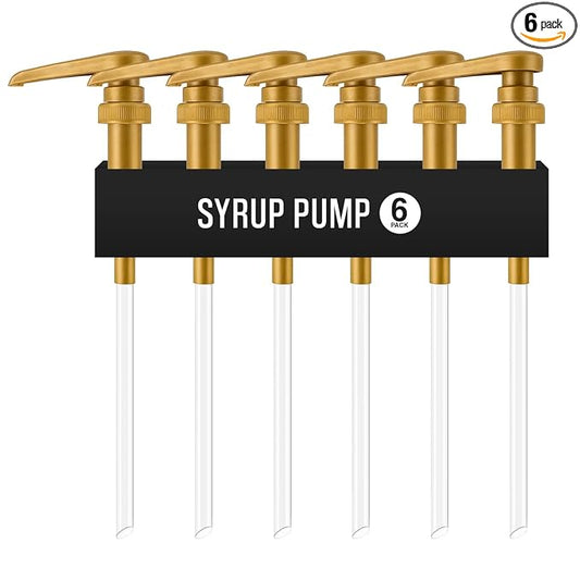 6-Pack Gold Plastic Bottle Syrup Pumps – Fits 750ml / 25.4 oz Bottles – Compatible with Torani & More – IMPORTANT: Will Not Fit Glass Bottles – Coffee Syrup Dispenser