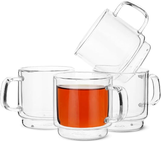 BTaT- Double Walled Stackable Glass Coffee Mugs, 8 oz, Set of 4, Glass Coffee Cups with Handle, Insulated Clear Coffee Mug for Hot and Cold Beverages, Cappuccino, Latte, Tea, Americano