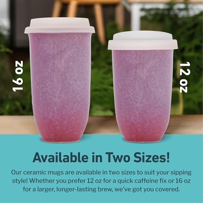 NOVA CERAMICS Coffee Travel Mug – Cup Holder Friendly Travel Mug– Microwave & Dishwasher Safe White & Purple Tumbler - Coffee Mug Fits In Cup Holder – 16oz – Astral Bloom