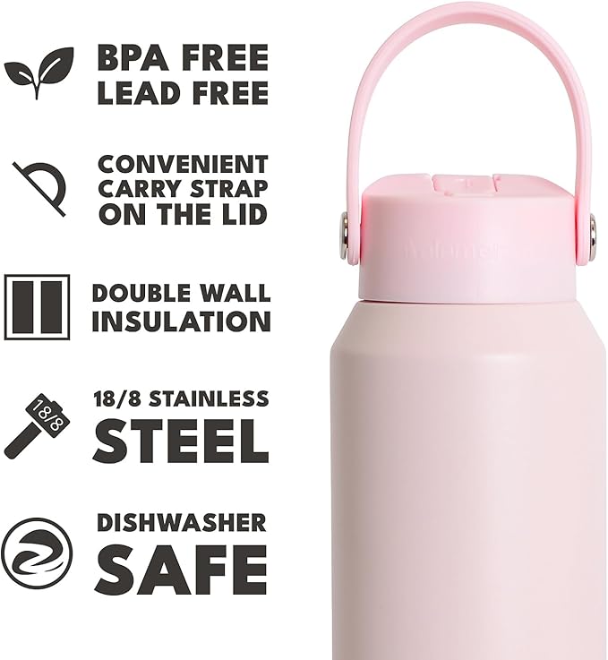 Elemental 40oz Insulated Water Bottle with Straw - 100% Leak-Proof Stainless Steel Core Water Bottles for Travel, Sports and Gym - Double Wall Insulation & BPA Free - Blush Pink