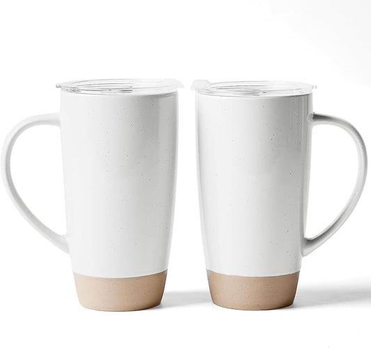 famiware Milkyway Coffee Mugs, 20oz Large Coffee Mug, Ceramic Mug Set of 2 with Lid, Cup Set with Handle for Latte, Tea, Cocoa, Milk, Home & Office, White