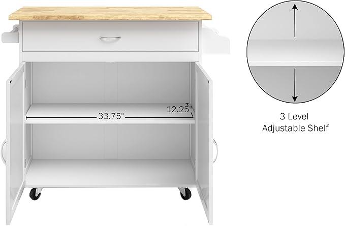 Lavish Home Kitchen Island Cart – Rolling Kitchen Table with Spice Rack, Towel Rack, Storage Drawers & Cabinet – Mobile Coffee Bar & Additional Counter Space (White)