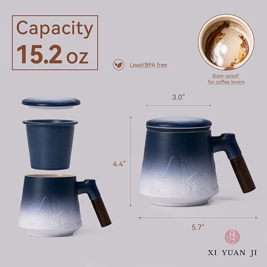 Ceramic Tea Mug with Infuser & Lid, 15oz Kiln-Transformed Unique Cup – Nature's Artisan Design, Loose Leaf Tea Cup with Infuser, Insulated Ceramic Coffee Mugs with Lid, Gift for Women/Men