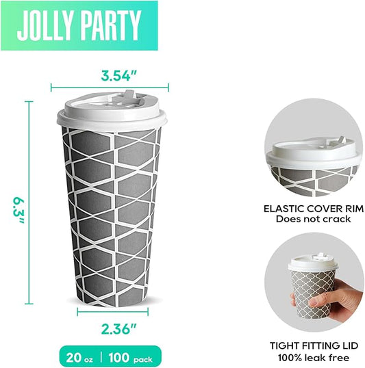 JOLLY PARTY Disposable Coffee Cups with Lids -20 oz (100 Sets) To Go Cups, Paper Coffee Cups for Beverages Espresso Tea, Suitable for Cafes, Offices and Home