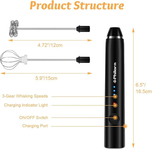 Philorn Milk Frother Wand Handheld Rechargeable Electric Whisk Coffee Drink Mixer, Mini Foamer for Lattes, Cappuccino, Frappe, Matcha, Hot Chocolate, Protein Powder, Keto Diet (Black)