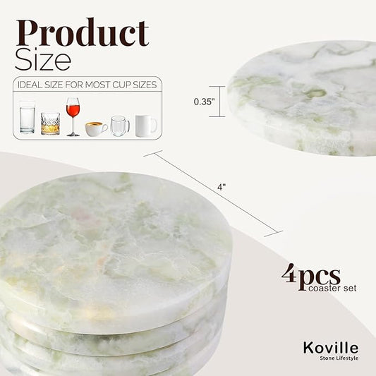 Koville Marble Coaster Set of 4, Round White Coasters, 4" Cup Coasters for Drinks, Heat Resistant Coaster for Coffee Table Home Office Bar Decor(Bianco Palomino)