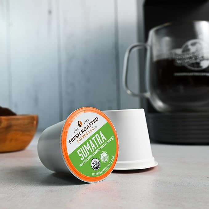 Fresh Roasted Coffee, Organic Sumatra Water-Processed Half-Caf | 100% Single Origin, USDA Organic, Kosher | Medium Roast K-Cup Compatible | 72 Pods