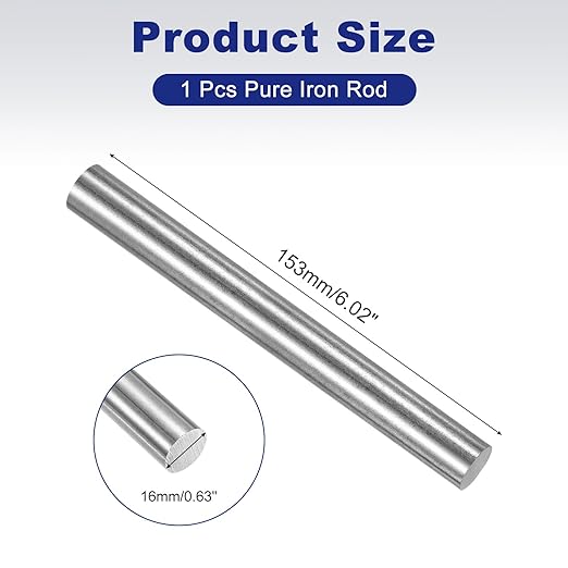 PATIKIL Pure Iron Bar, 0.63" Diameter 6.02" Length Iron String Rod Steel Stick DIY Craft Supplies for Crafting Science Lab Testing